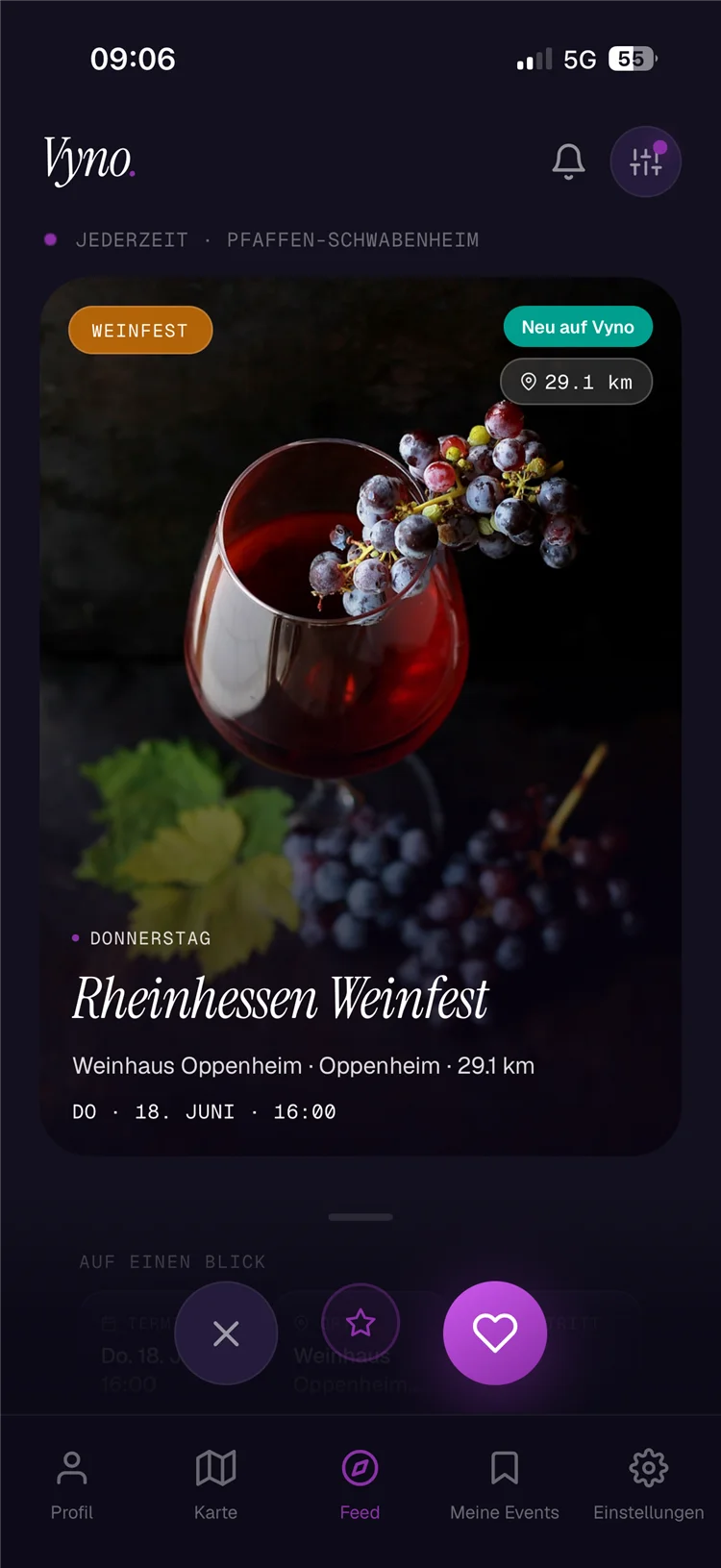 Vyno-Feed mit Event-Karten zum Swipen