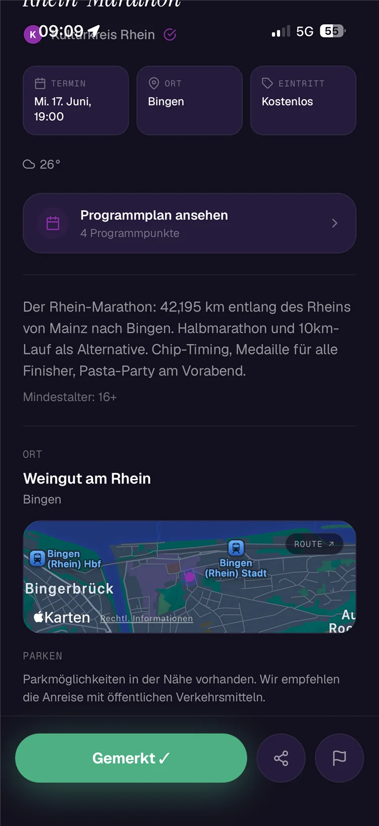 Event-Detailansicht mit Bild, Ort und Zeit