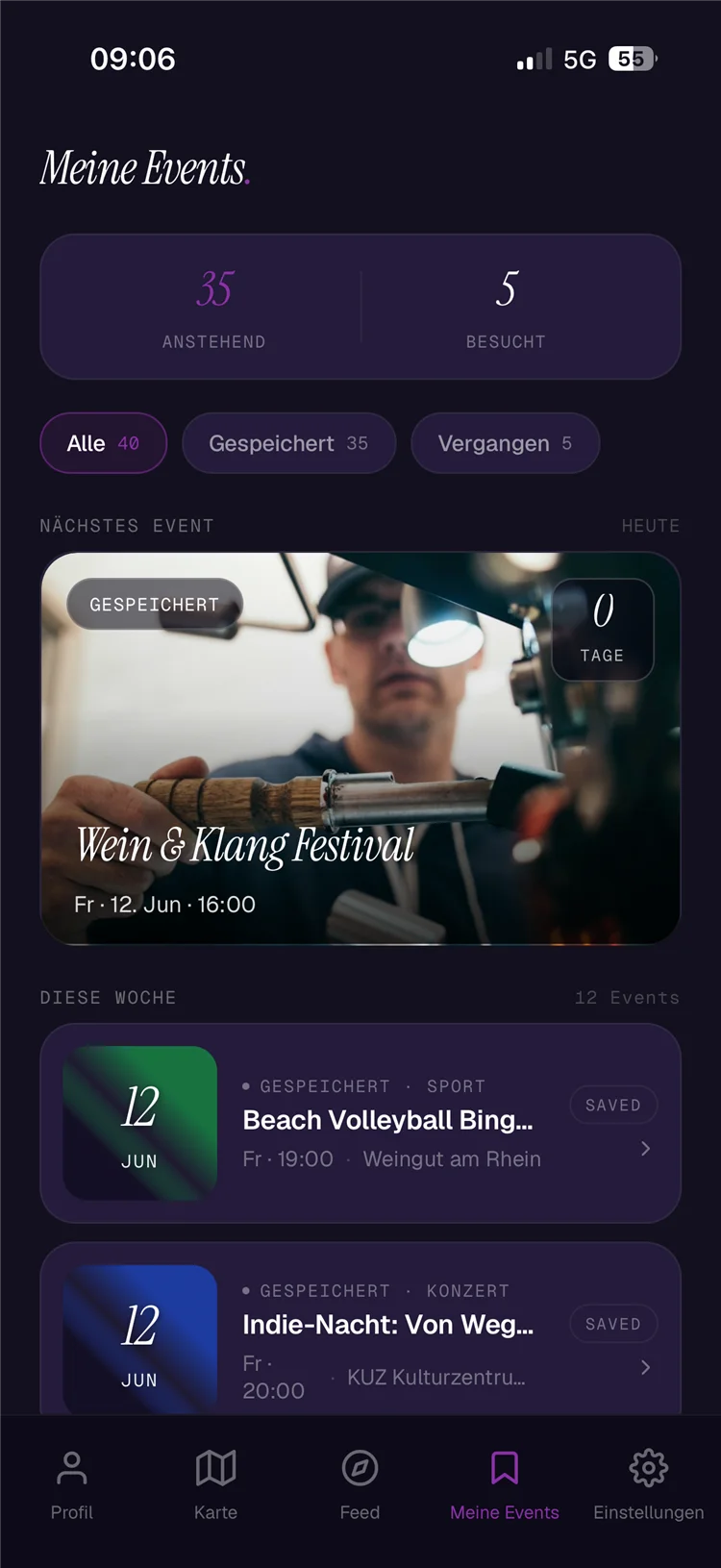 Vyno-App: Meine Events mit gemerkten Veranstaltungen